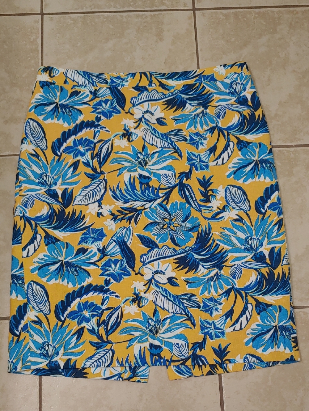 J. Crew Pencil Skirt Tropical Yellow Cotton Blue Floral Women's Size 8